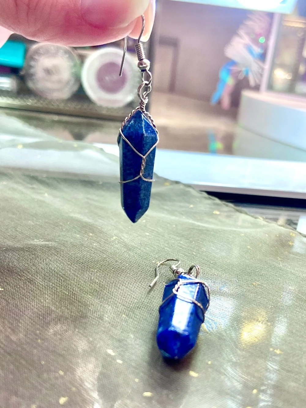 Lapis Lazuli Earrings Royal Blue Gem Stone Women’s Bohemian Chic Stylish Jewelry - Picture 3 of 3
